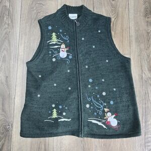 Breckenridge Size XL Zip‎ Green Sweater Vest Christmas Winter Snowman Knit